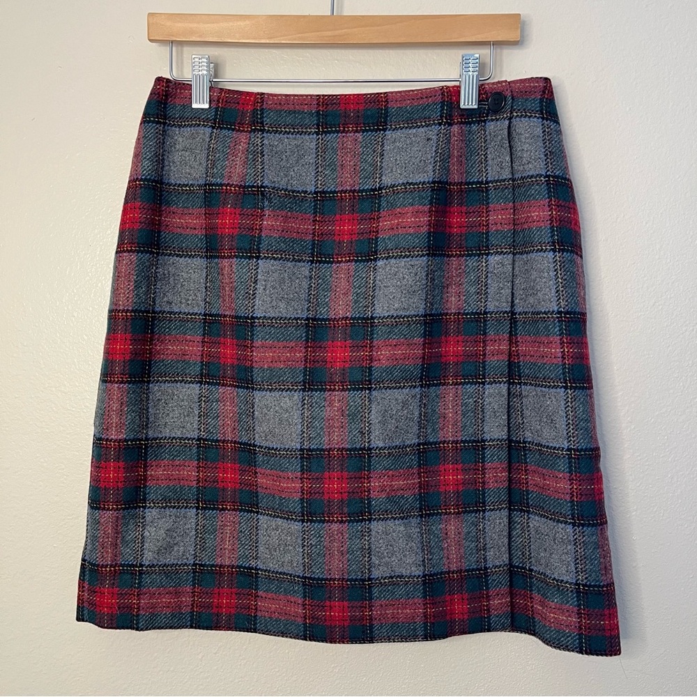 Vintage Talbots Plaid Tartan Wool Wrap Mini Skirt Lined Grey Red Black Med